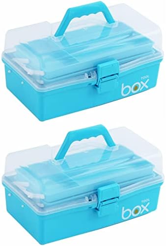 Kinsorcai 2PCS 12'' Three-Layer Clear Art Box Organizer, Multipurpose Plastic Craft Box with Handle (Blue)