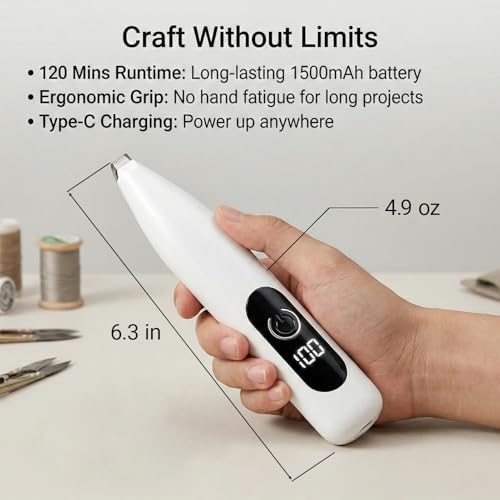 Electric Seam Ripper for Embroidery - Professional Stitch Remover Tool with LED Display & Light, Precision Embroidery Removal Tool, R-Shaped Safety Ceramic Blade for Sewing, Quilting, DIY (White)