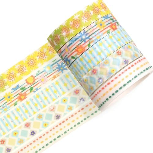 Cute Pattern Washi Tape Set 5 Rolls Glitter Cover Decorative Wide Kawaii Masking Tapes for Arts, DIY Crafts, Journals, Planners, Scrapbook, Wrapping (8 Retro Pop)