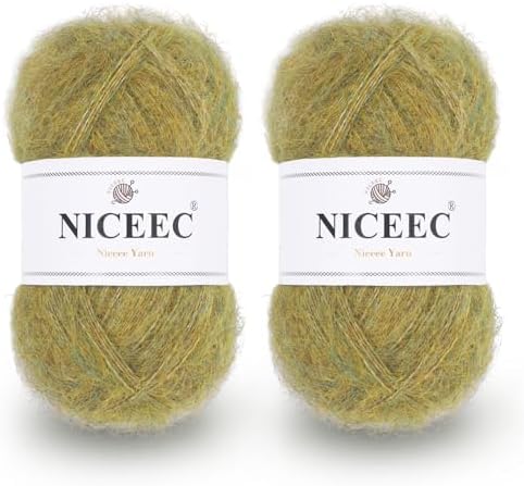 NICEEC 2 Skeins Long Pile Mohair Yarn 2.82oz/788yds - Grass