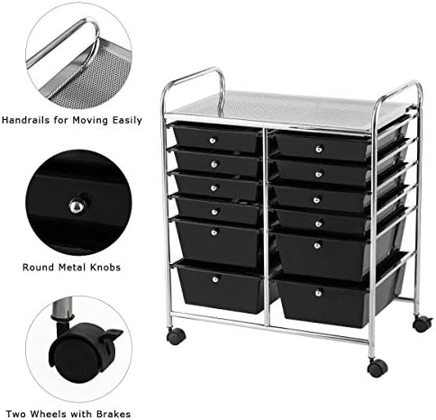 LDAILY 12 Drawer Rolling Storage Cart, Craft Cart Organizer on Wheels w/Metal Frame, Large Capacity & Smooth Drawer, Rolling Cart w/Drawers for Classroom, Office
