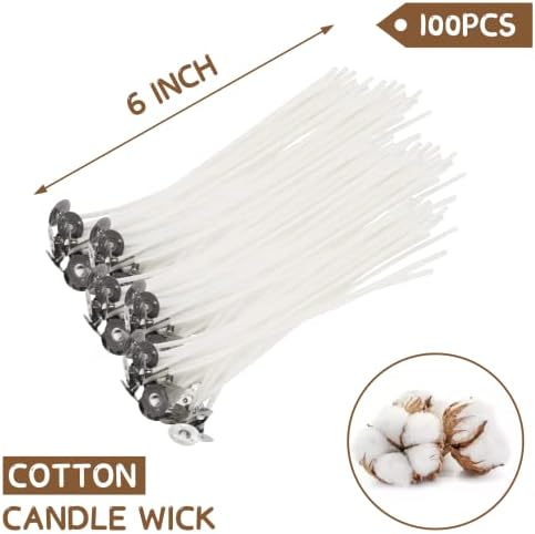 JEAWIWI 100 Pcs Candle Wicks, 6 in, with Wick Stickers & Wooden Holders