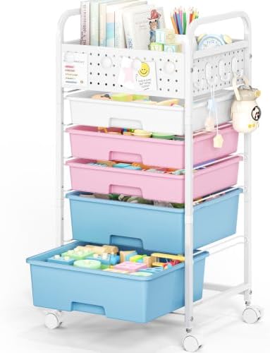 5 Drawer Rolling Storage Cart with Pegboard Top and Hooks, Pink&Blue
