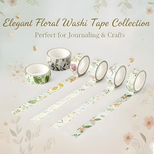 Washi Tape Set, Floral Washi Stickers, 12 Rolls Assorted Sizes, for Junk Journal Scrapbook Tape, Bullet Journaling Scrapbooking Supplies, Planner Sticker DIY Craft DéCor (Green)