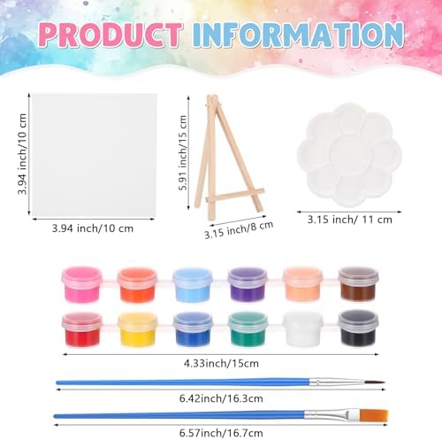 Qilery 36 Set 4 x 4 Inch Mini Canvas Boards with Easel Painting Kit, Acrylic Paints Strips, Brushes, Palette, Oil Art Set for Acrylic Birthday Party Favors