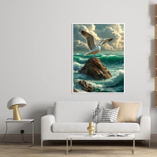 KYOQFVN Seagull Diamond Painting Kits for Adults, 5D Sea Diamond Art Full Round Drill for Adults, DIY Paint with Diamonds Crafts for Home Wall Decoration 12×16Inch, Bird