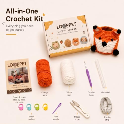 LOOPPET Crochet Kit for Beginners Adults - Cute Fox Pen Holder Desk Organizer, Beginner Friendly DIY Crochet Kit with Custom Easy Yarn, Video Tutorials & Step-by-Step Manual, Gift for Craft Lovers