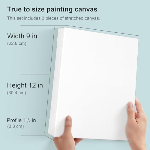 PHOENIX 9x12 Inch 3 Pack Gallery Canvas - 1.5 in Thick Canvases for Painting - Deep Edge 100% Cotton 11 Oz. Gesso Primed White Blank Professional Canvas Oil & Acrylic Paints