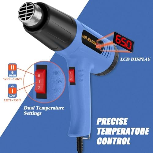 Digital Heat Gun, 110V Adjustable Hot Air Gun with 4 Nozzles, Side LCD Display, Rear Rotating Temp Control, 50-650℃（122-1202℉),Overload Protection, 4.9FT Cord Portable Heat Gun for Crafts, Shrink Wrap