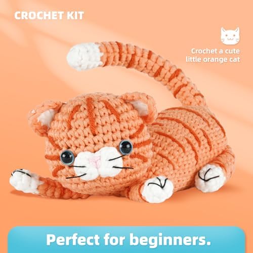 MOREJMTT Crochet kit for Beginners Adults, Learn to Crochet, Include Easy Knitting Soft Yarn, Step-by-Step Video Tutorial, Hook, Holiday Birthday Gift (Orange cat)