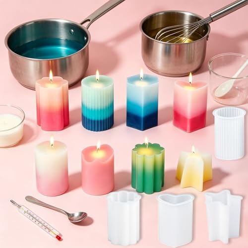8PCS Silicone Candle Molds Set - Cylinder/Hexagon/Star/Heart/Flower/Cat Head Shapes for DIY Candle Making, Soap, Resin Crafts, Reusable and Easy Release Candle Making Kit with Multiple Shape and Sizes