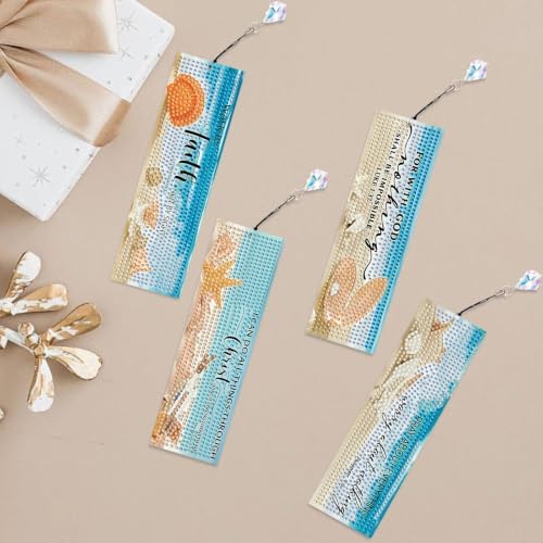 Mandun 4 Pcs Beach Diamond Painting Bookmark Kits, Special Shaped Diamond Art Bookmarks with Pendant, DIY Beach Diamond Art Bookmarks with Tassels Crafts Gifts Supplies