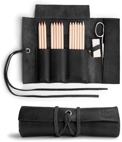 Hide & Drink, Rustic Pencil Roll Pouch, Multi-Purpose Storage Wrap for Scissors, Earphones, Organizer for Craft, Full Grain Leather, Handmade, Charcoal Black