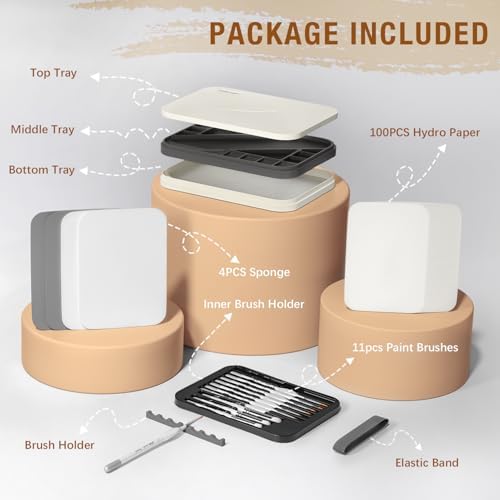 golden maple Wet Pallet for Painting Miniatures 2 in 1 Dry and Wet Palette with Lid, Including 11 Miniature Paint Brushes,100PCS Palette Paper, 4PCS Sponges, Paint Brushes Holders