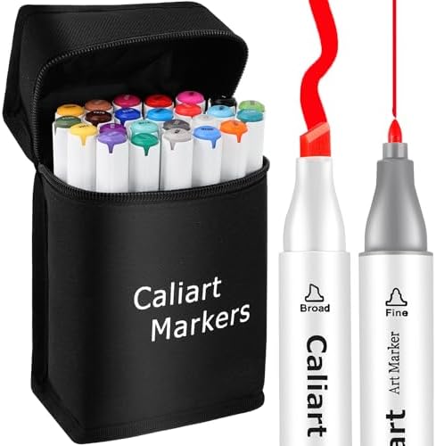 Caliart Alcohol Markers 24 Colors Coloring Markers Fine & Chisel Dual Tip | Non-Toxic Permanent Pens for Adults Coloring Book Beginners Sketch Illustration Painting Drawing School Supplies Art Gifts