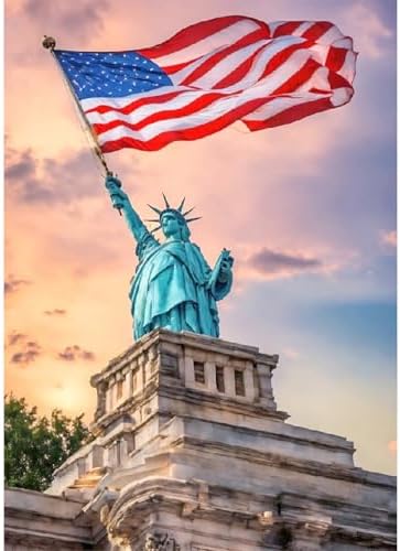 4th of July Diamond Painting Kit for Adults, Patriotic Independence Day Decor with American Flag and Statue of Liberty, 5D Full Drill Round Diamond Art Kit, DIY Crystal Rhinestone Embroidery Painting