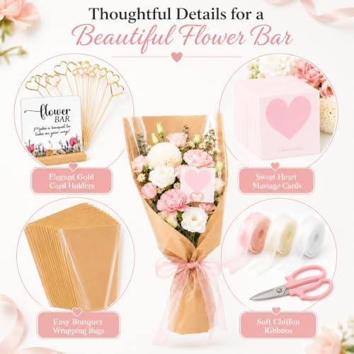 TOVEYI 50 Pcs DIY Flower Bar Kit for Events, Build Your Own Bouquet Bar Supplies with Floral Wrapping Paper, Card Holders, Cards, Chiffon Ribbons, Sign and Scissors for Wedding and Baby Shower
