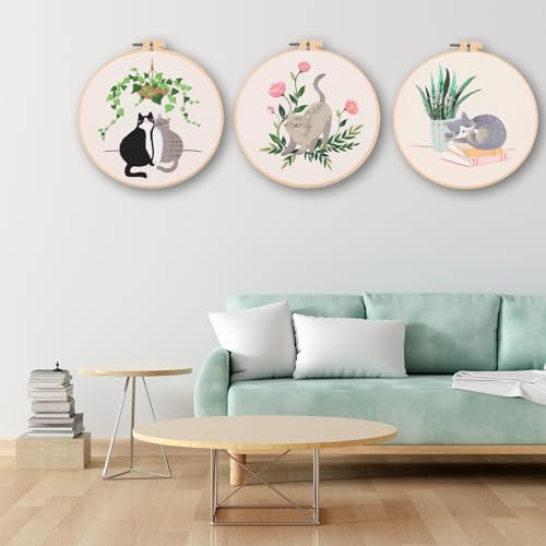 Ohcol 3 Sets Cat Embroidery Kit,Needlepoint Kits for Adults Beginner,Needle Point Sets with Washable Pre-Printed Pattern,1 Hoop,Women Hand Crafts