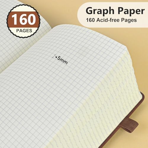 Graph Paper Notebook 5.9"×8.5", 160 Pages Grid Notebook, A5 Graphing Paper | Hardcover Leather Journal for Women & Men,100 Gsm, Grid Spacing 5mm x 5mm, Medium Size, Grid notebook for Work, School, Math