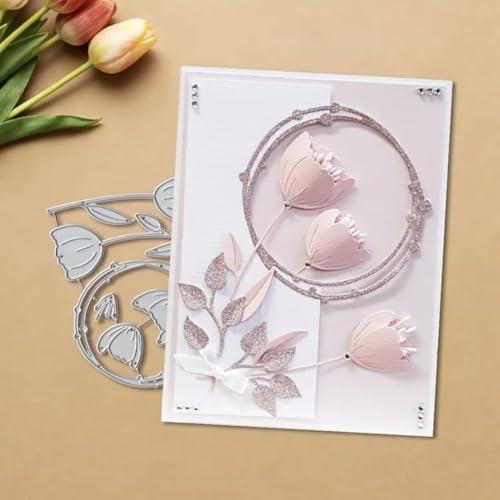 Scrapbooking Die-Cuts, Layer Frame Net Set Metal Cutting Dies for Card Making, Paper Craft Template, Background Embossing Stencils, DIY Album Décor (Tulip Wreath-11x10.4 cm)
