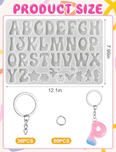 Alphabet Keychain Mold with Hole with 36 Pcs Key Ring Accessory