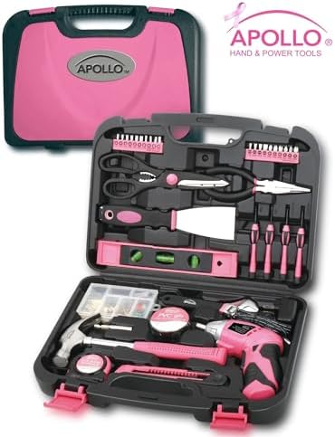 Apollo Tools 135 Piece Household Pink Hand Tools Set with Pivoting Dual-Angle 3.6 V Lithium-Ion Cordless Screwdriver - DT0773N1