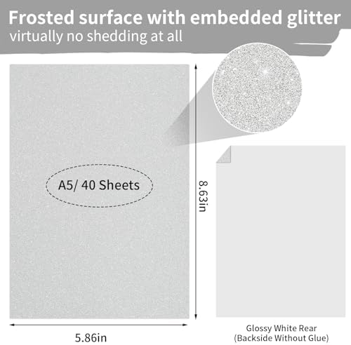 Silver Glitter Cardstock Paper, 40 Sheets A5 Premium Glitter Cardstock for Cricut, Sparkly Cardstock Paper for Card Making, Scrapbooking & DIY Crafts 250 GSM