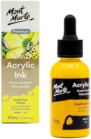 Mont Marte Acrylic Ink Premium 50ml - Cadmium Yellow, Acrylic Inks for Artists, Fluoro Colors, Ideal for Air Brush, Pouring Art, Scrapbooking, Ink Drawing, Mixed Media