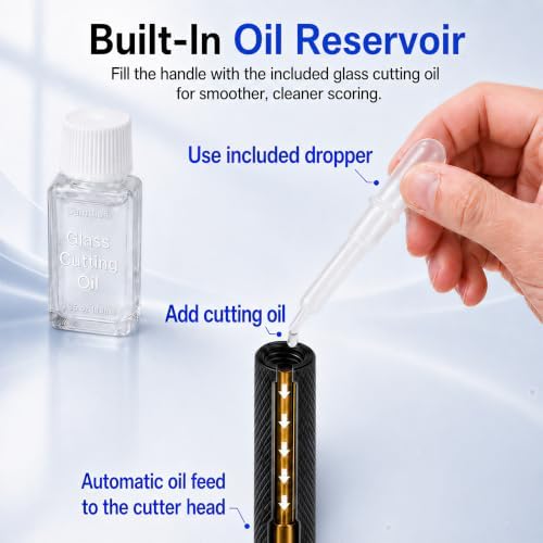 Glass Cutter 2mm-20mm, Glass Cutting Tool with Glass Oil & 3 Carbide Heads | 2-20 mm Glass Cutting, 3 Replaceable Carbide Heads, Automatic Oil Feed, Glass Cutting Oil, Mirror, Mosaic & Stained Glass