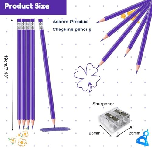 Adhere 25pcs Checking Pencils Erasable colored Pencils Pre-Sharpened #2 HB,for Checking Tests Grading,Map Coloring, editing Office Favors,including a Free sharpener. (Purple)