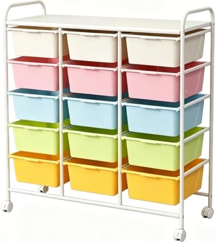 15-Drawer Rolling Storage Cart with Wheels, Multi-Color Plastic Drawer Cart | Mobile Organizer Cart, Utility Storage Trolley for Office, Living Room, Craft Room, Bathroom, and Home Organization