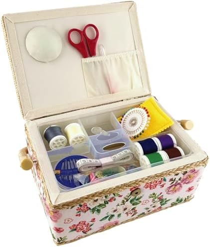 NROZIET Sewing Basket for Sewing Supplies, Wooden Sewing Kit Storage Box with Accessories, Vintage Sewing Kits Carrying Organizer with Handle for Embroidery, DIY Supplies, Beginner, Professional