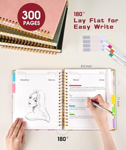 Hardcover Spiral Notebook 8.5"x11" Journal with Removable Dividers Tabs, 300 Pages 5 Subject Notebook College Ruled, Large A4 Notebooks for Work School, Journal for Women, A4 Flower white