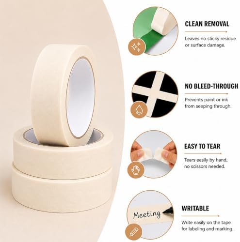 Masking Tape 1 Inch Wide, 25 Yds x 3 Rolls White Painters Tape 75 Yds Total
