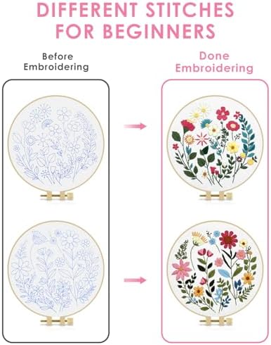 TINDTOP Embroidery Kit for Adult, Owl Embroidery Kit for Beginners Include Embroidery Cloth Hoops Threads for Craft Lover Hand Stitch with Embroidery Skill Techniques (Florals)