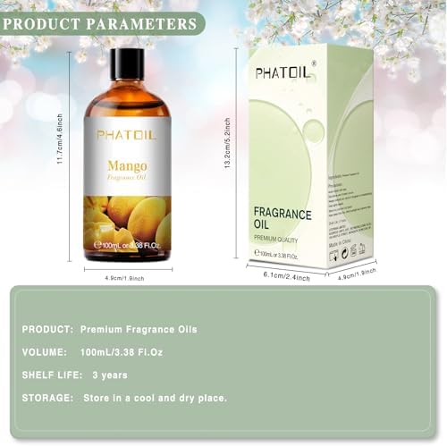 PHATOIL Mango Fragrance Oil for Diffuser Aromatherapy 3.38FL.OZ | Long Lasting Scented Oils For Humidifier, Air Freshener, DIY Soap Candle, Scent Project Making, Aroma Oil for Home Freshening