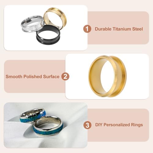 MECCANIXITY 3 Pcs Titanium Steel Ring Blank, 8mm Width Grooved Inlay Ring Blanks for Jewelry Making DIY Craft Supplies(Black/Gold/Silver, Size 6)