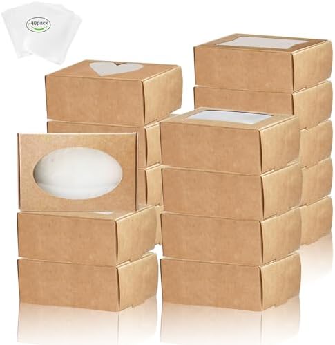 BZIDII 36Pcs Soap Boxes for Homemade Soap and 40pcs Shrink Bags,3.54 X 2.36 X 1.18 Inch Soap Boxes with Window,Bar Soap Packaging Kraft Box Supplies（Brown）
