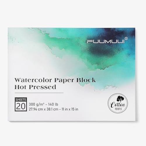 Fuumuui Watercolor Paper Block 11x15 Inch, Smooth Surface 100% Cotton Watercolor Paper, 20 Sheets, 140lb/300gsm, Hot Press, Acid-Free, Art Paper for Painting & Drawing, Wet, Mixed Media