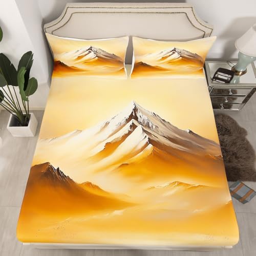 Landscape Themed Sheet Set Golden Mountain Scenery Bedding Set Natural Landscape Bed Sheets Teens Room Decor Golden White (King Flat & Fitted Sheet with 2 Pillow Case)