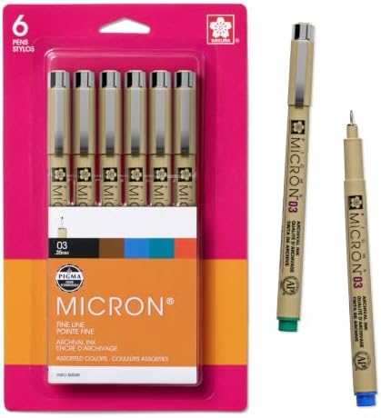 Sakura Pigma Micron Fineliner Pens, Assorted Colors, 03 Tip, 6 Count