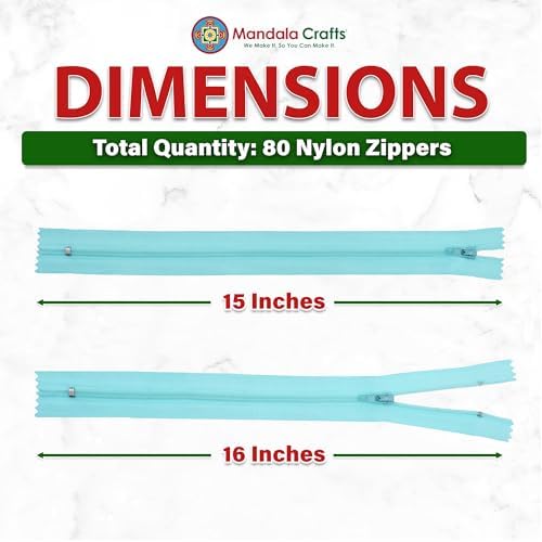 Mandala Crafts 80 PCs Turquoise Closed-End 15 Inch Nylon Zippers for Sewing