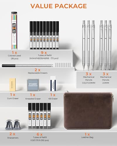 STAGEEK 30Pcs Silver Metal Mechanical Pencil Set with Leather Case | 6PCS Art Drafting Pencils, 0.5, 0.7, 0.9, 2.0MM Mechanical Drawing Pencils, with 300PCS(6B/4B/2B/HB/2H/4H/Colors)Lead Refills