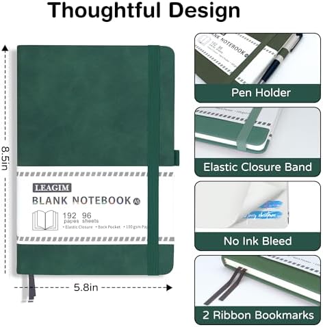 Blank Journal Notebook, A5, 192 Pages 100 GSM Thick Sketch Book for Women Men, Hardcover Leather Unlined Journaling for Work, Notebooks for Writing, 5.8 inches x 8.5 inches (Dark Green)