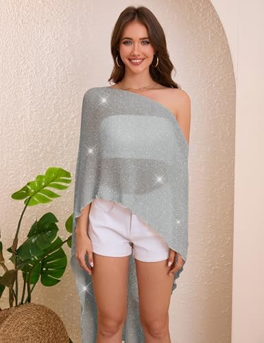 MAKABO Women's Crochet Sheer Poncho Top Lightweight Sparkly Shrug Pullover Knit Bolero Sweater Cover Up Beachwear