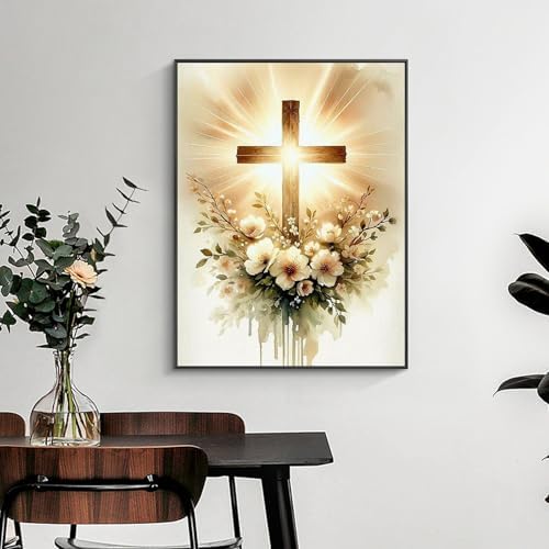 Yezavesu Christian Cross Diamond Art Kits for Adults Beginners 12x16 Inch | Cross Flowers Diamond Painting, DIY 5D Full Round Drill Gem Art, Stress Relief Craft Kits, Home Wall Decor Gift, 12x16 Inch