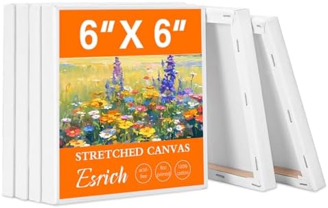 ESRICH Small Stretched Canvas for Painting 6x6 inch, 2/5''Profile Art Primed 6 Pack Canvases for Painting, Cotton Small Professional Blank Paint Canvas for Kids and Art Supplies, for Acrylics, Oils.