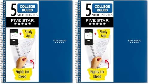 Five Star Spiral Notebook + Study App, 5 Subject, College Ruled Paper, 8-1/2" x 11", Fights Ink Bleed, Water Resistant Cover, Pacific Blue (73635), 200 Sheets (Pack of 2)