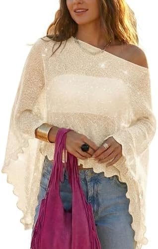 MAKABO Women's Crochet Sheer Poncho Top Lightweight Sparkly Shrug Pullover Knit Bolero Sweater Cover Up Beachwear
