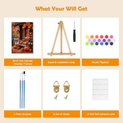 MOGTAA Fall Pumpkin Paint by Numbers Kit for Adults Beginners with Frame, Autumn Adult Paint by Number Kits on Canvas with Easel, Easy DIY Landscape Oil Painting Kits for Home Decor, 8x12in